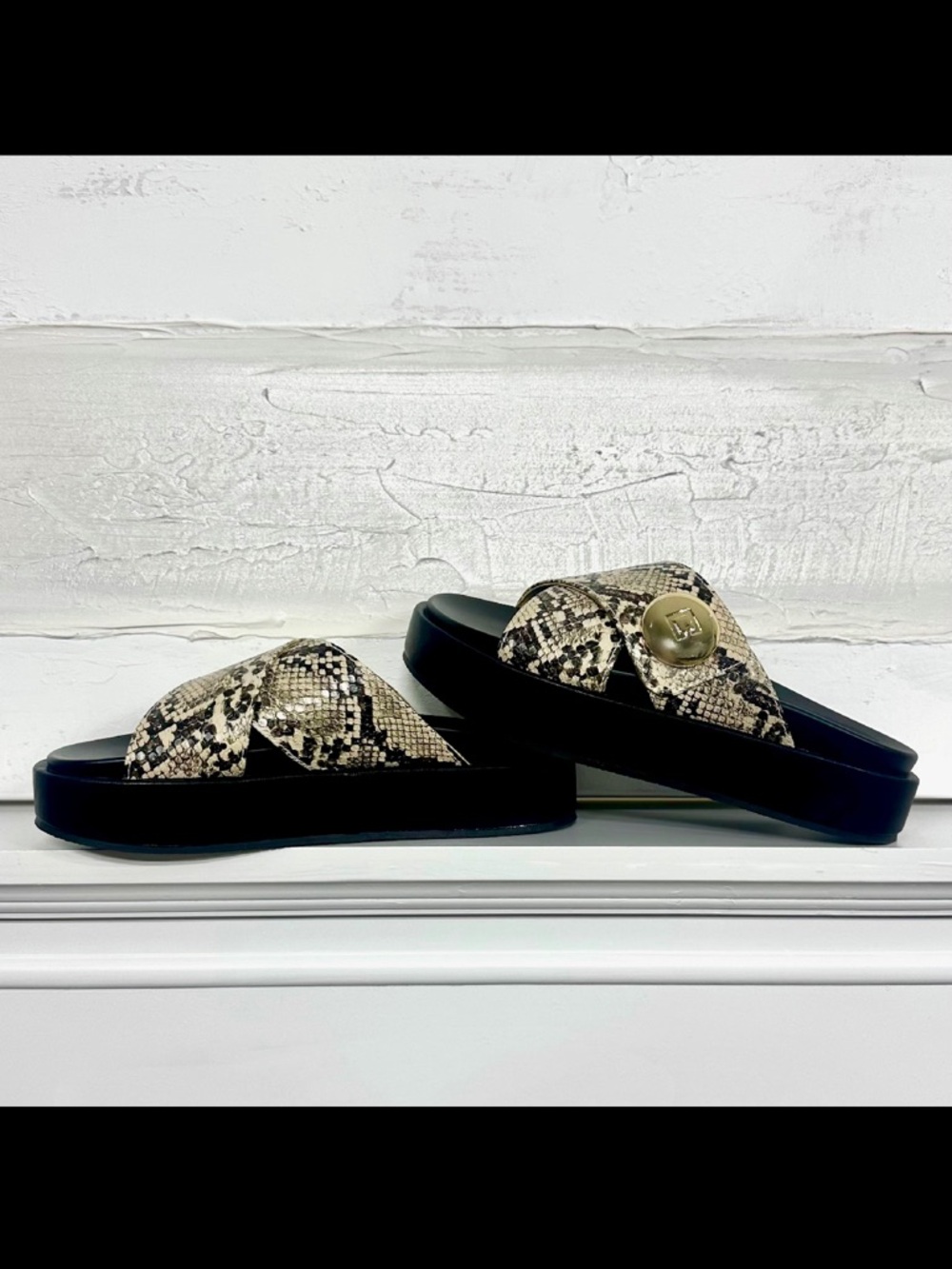 New in box. Katie sandals snakeskin ShuShop. Platform silver button
